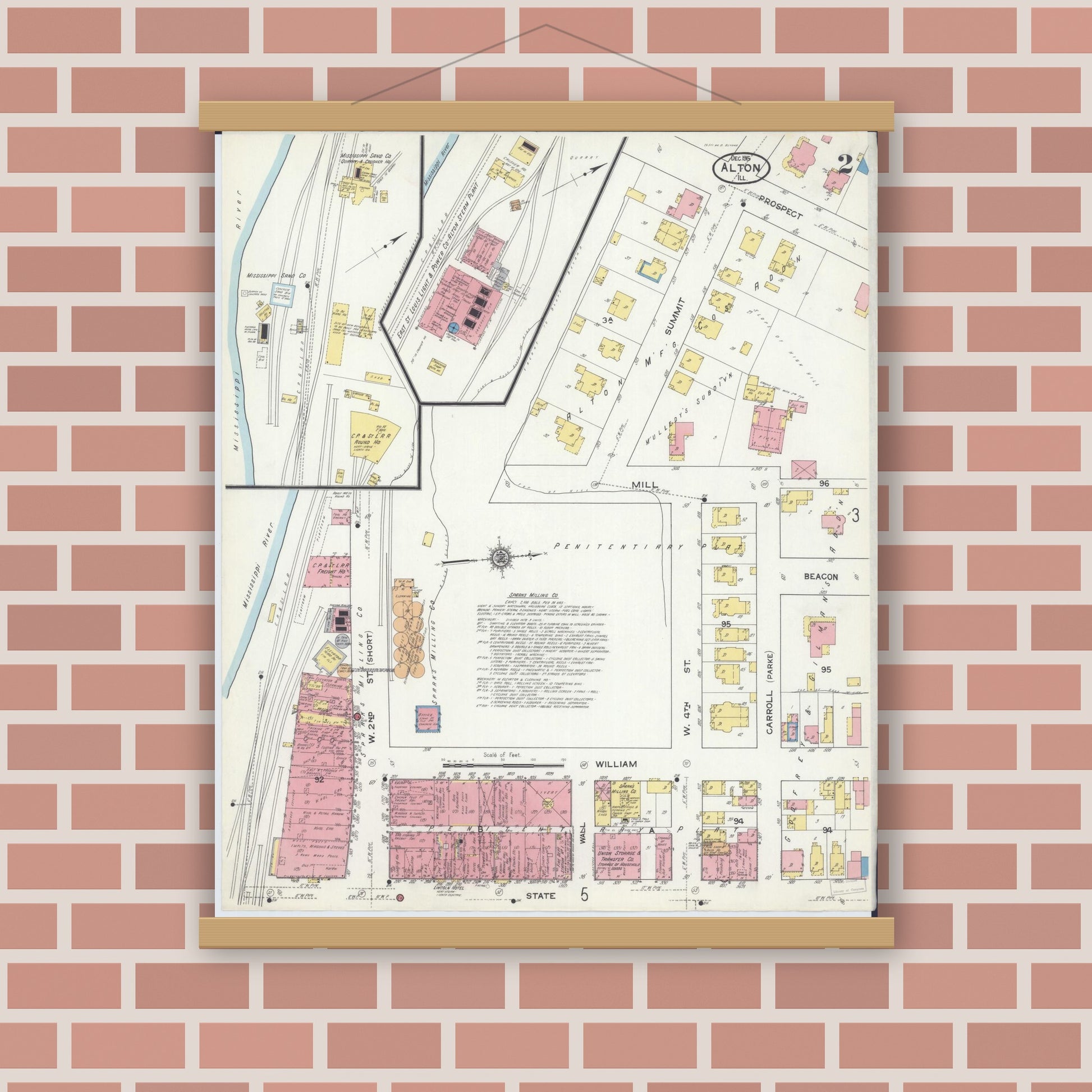 Old map wall art mockup — magnetic wood frame on brick wall — Sanborn Fire Insurance Map from Alton, Madison County, Illinois (1915), Sheet #0002