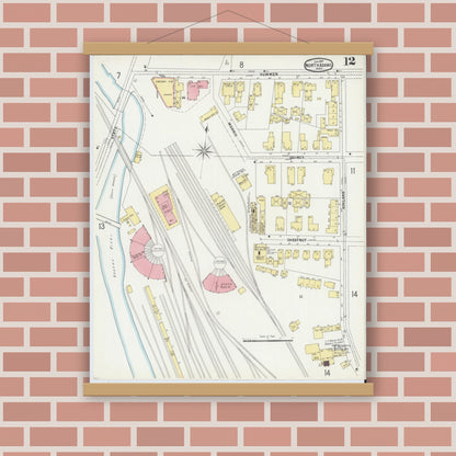 Old map wall art mockup — magnetic wood frame on brick wall — Sanborn Fire Insurance Map from North Adams, Berkshire County, Massachusetts (1897), Sheet #0012