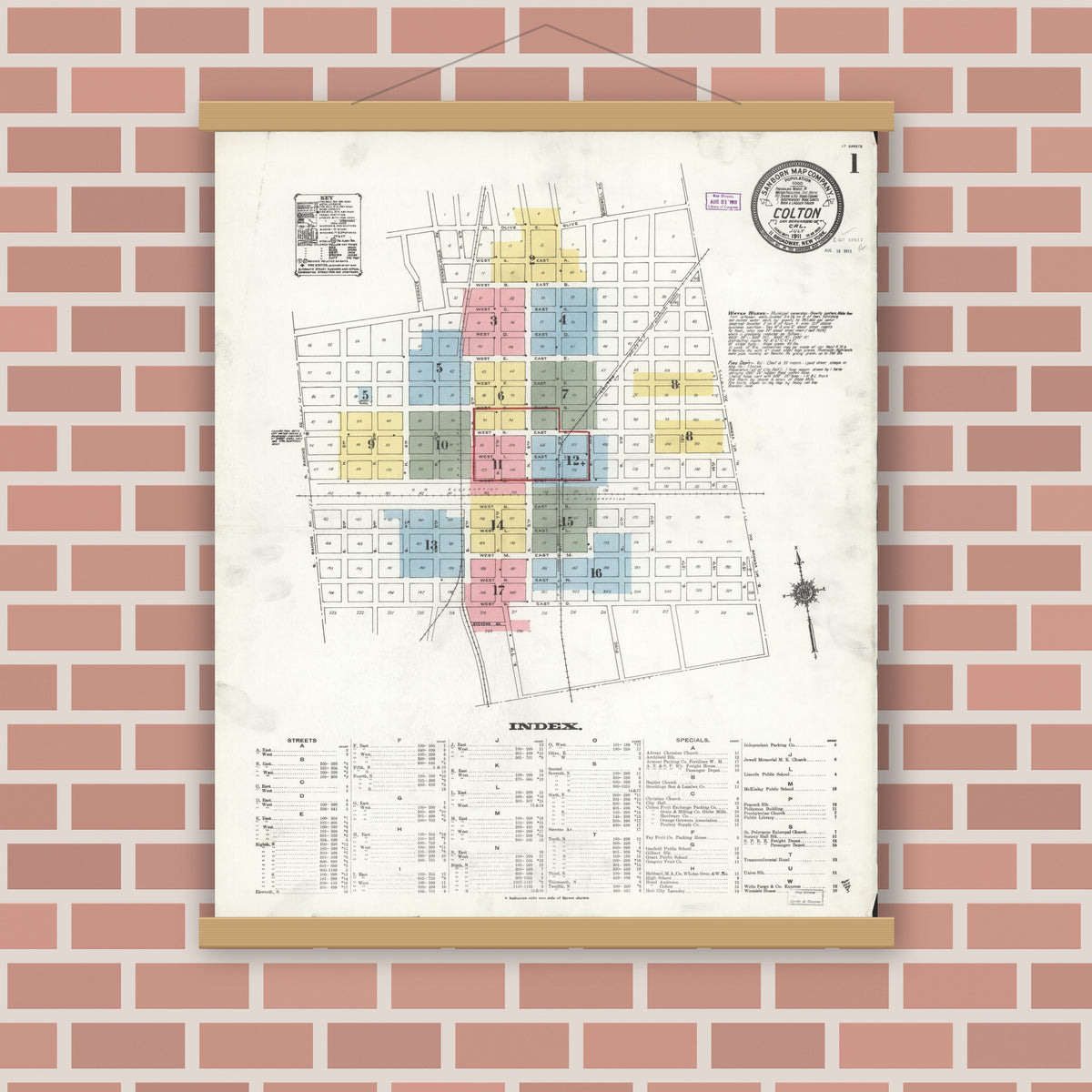 Old map wall art mockup — magnetic wood frame on brick wall — Sanborn Fire Insurance Map from Colton, San Bernardino County, California (1911) - Complete Map Set