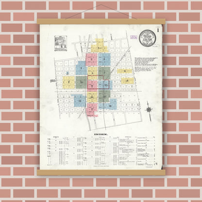 Old map wall art mockup — magnetic wood frame on brick wall — Sanborn Fire Insurance Map from Colton, San Bernardino County, California (1911) - Complete Map Set