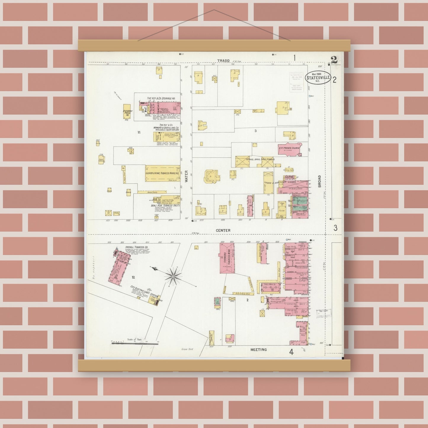 Old map wall art mockup — magnetic wood frame on brick wall — Sanborn Fire Insurance Map from Statesville, Iredell County, North Carolina (1900), Sheet #0002