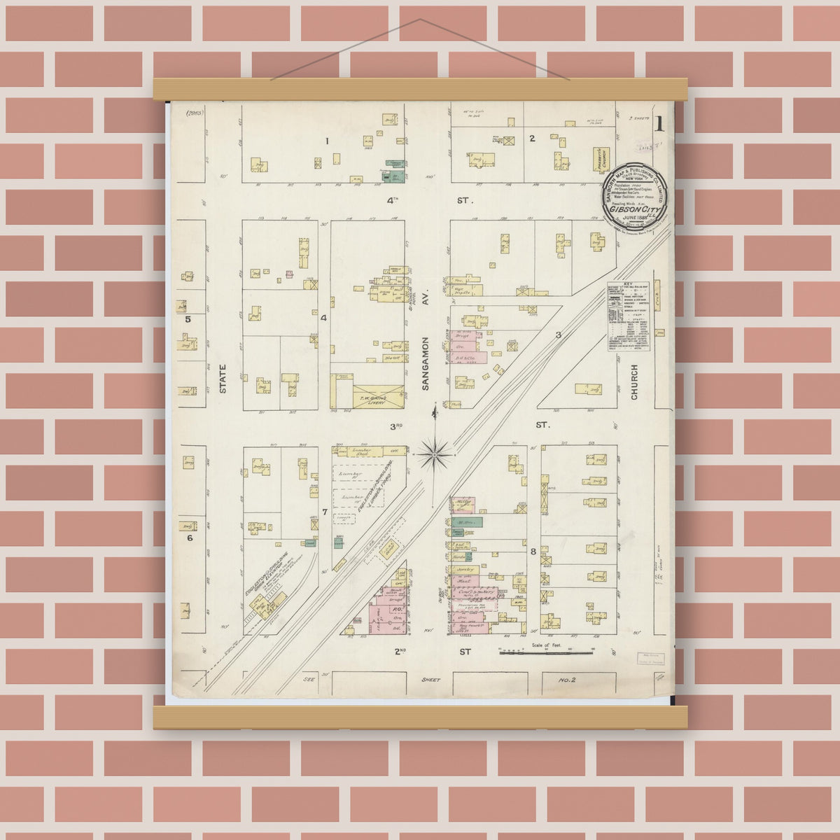 Old map wall art mockup — magnetic wood frame on brick wall — Sanborn Fire Insurance Map from Gibson City, Ford County, Illinois (1888) - Complete Map Set