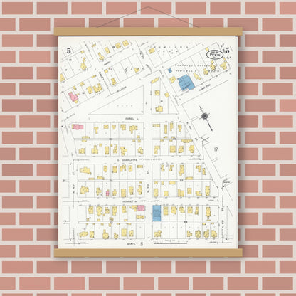 Old map wall art mockup — magnetic wood frame on brick wall — Sanborn Fire Insurance Map from Pekin, Tazewell County, Illinois (1925), Sheet #0005