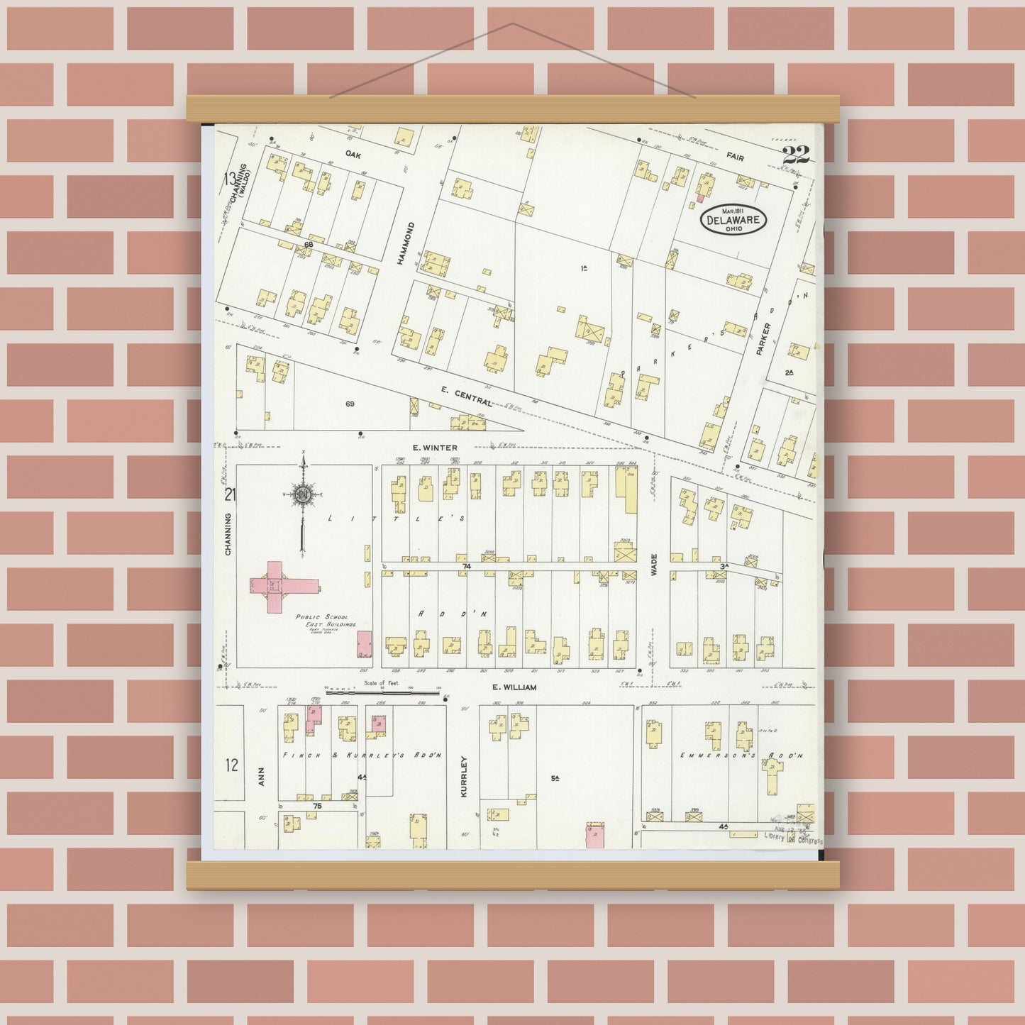 Old map wall art mockup — magnetic wood frame on brick wall — Sanborn Fire Insurance Map from Delaware, Delaware County, Ohio (1911), Sheet #0022