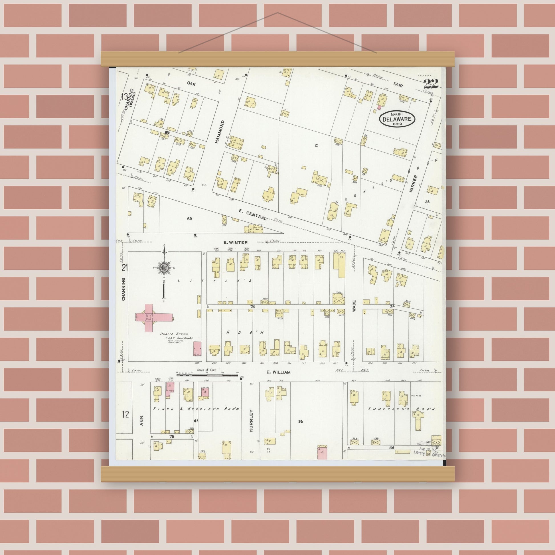 Old map wall art mockup — magnetic wood frame on brick wall — Sanborn Fire Insurance Map from Delaware, Delaware County, Ohio (1911), Sheet #0022