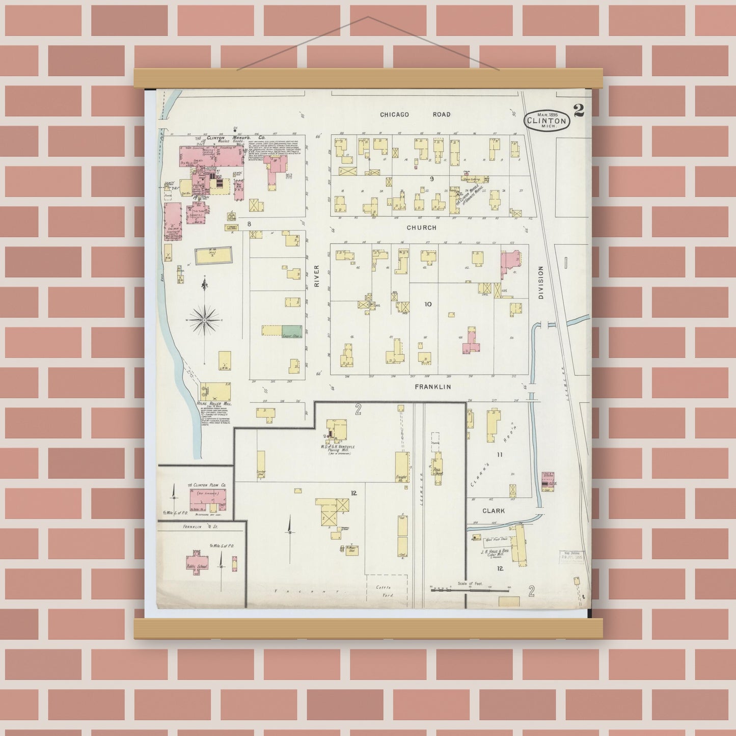 Old map wall art mockup — magnetic wood frame on brick wall — Sanborn Fire Insurance Map from Clinton, Lenawee County, Michigan (1895), Sheet #0002