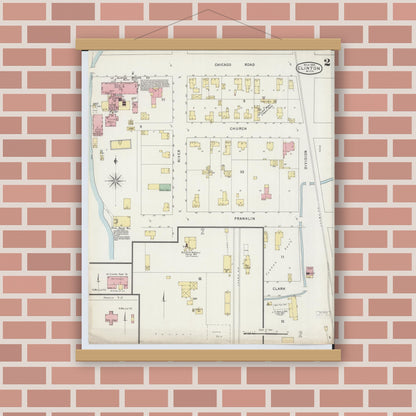 Old map wall art mockup — magnetic wood frame on brick wall — Sanborn Fire Insurance Map from Clinton, Lenawee County, Michigan (1895), Sheet #0002