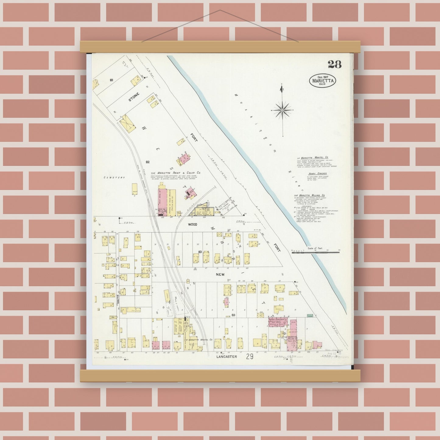 Old map wall art mockup — magnetic wood frame on brick wall — Sanborn Fire Insurance Map from Marietta, Washington County, Ohio (1907), Sheet #0028