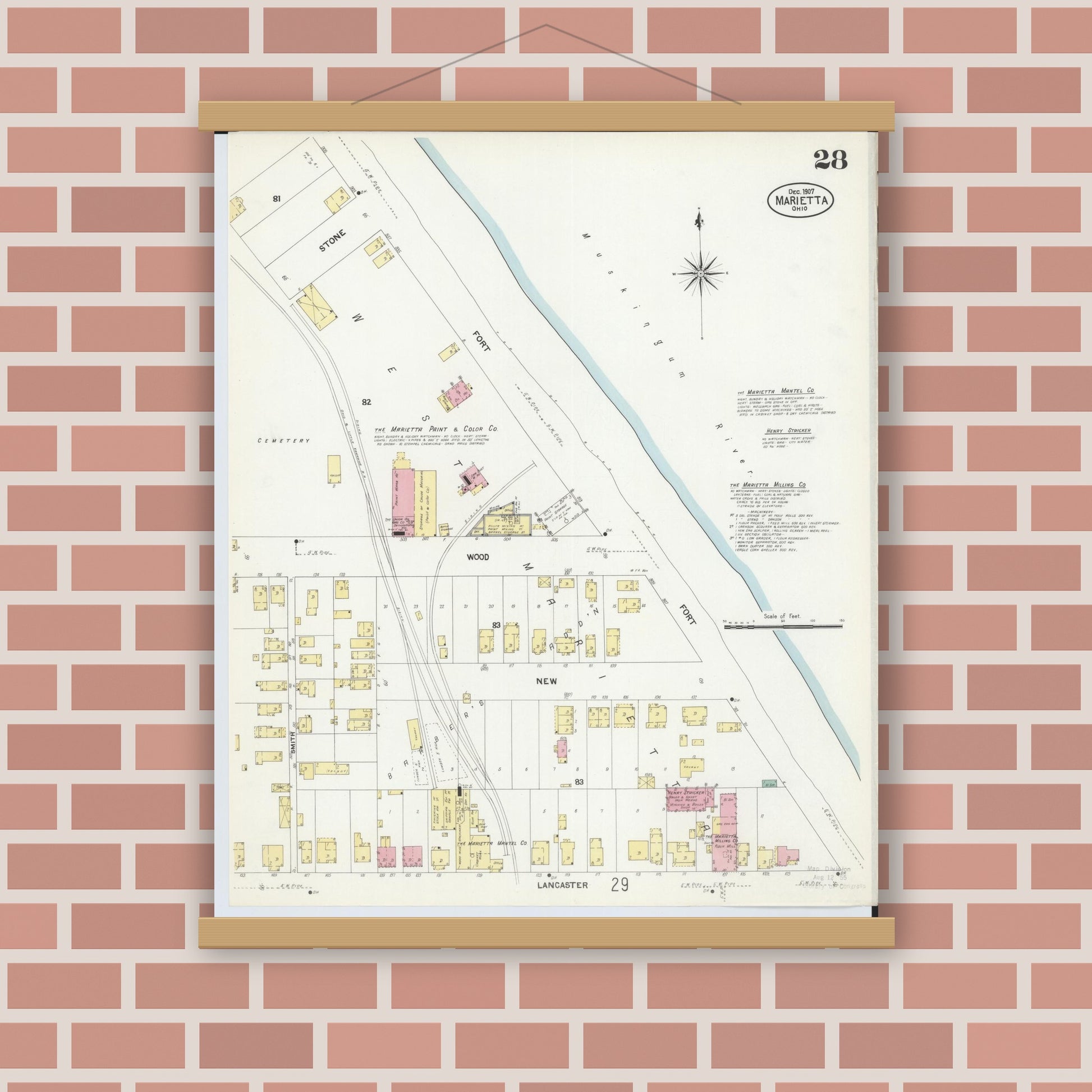 Old map wall art mockup — magnetic wood frame on brick wall — Sanborn Fire Insurance Map from Marietta, Washington County, Ohio (1907), Sheet #0028