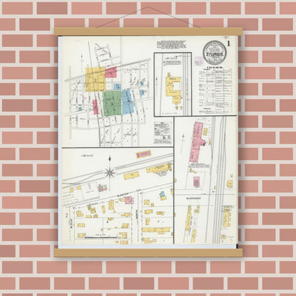Old map wall art mockup — magnetic wood frame on brick wall — Sanborn Fire Insurance Map from Sturgis, Saint Joseph County, Michigan (1904) - Complete Map Set