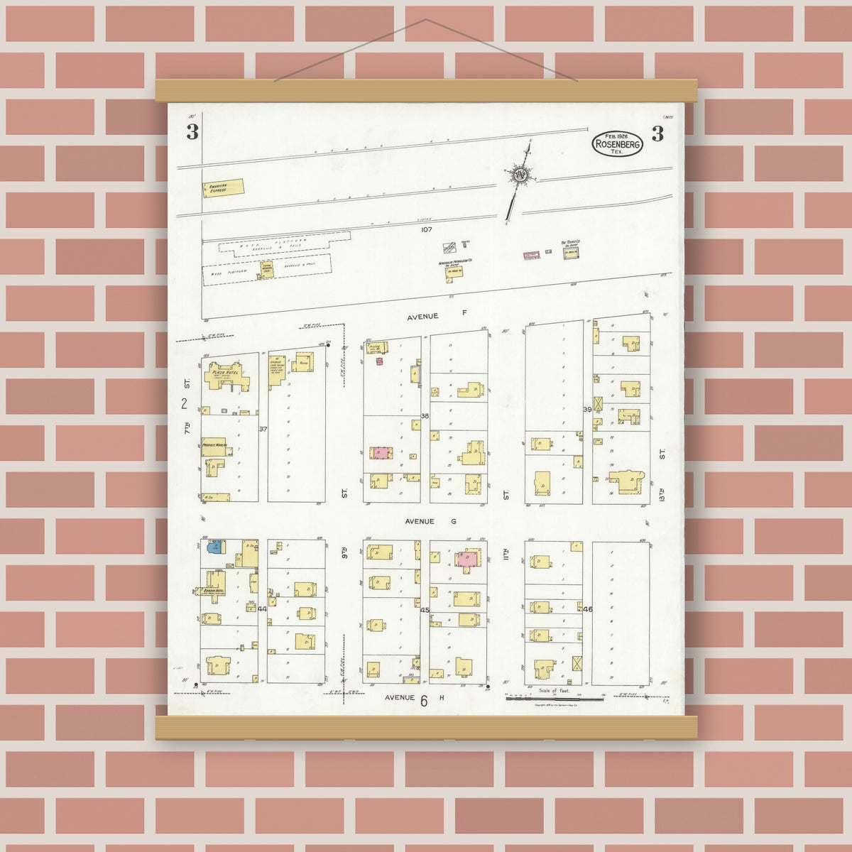 Old map wall art mockup — magnetic wood frame on brick wall — Sanborn Fire Insurance Map from Rosenberg, Fort Bend County, Texas (1926), Sheet #0003