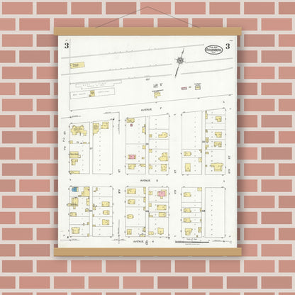 Old map wall art mockup — magnetic wood frame on brick wall — Sanborn Fire Insurance Map from Rosenberg, Fort Bend County, Texas (1926), Sheet #0003