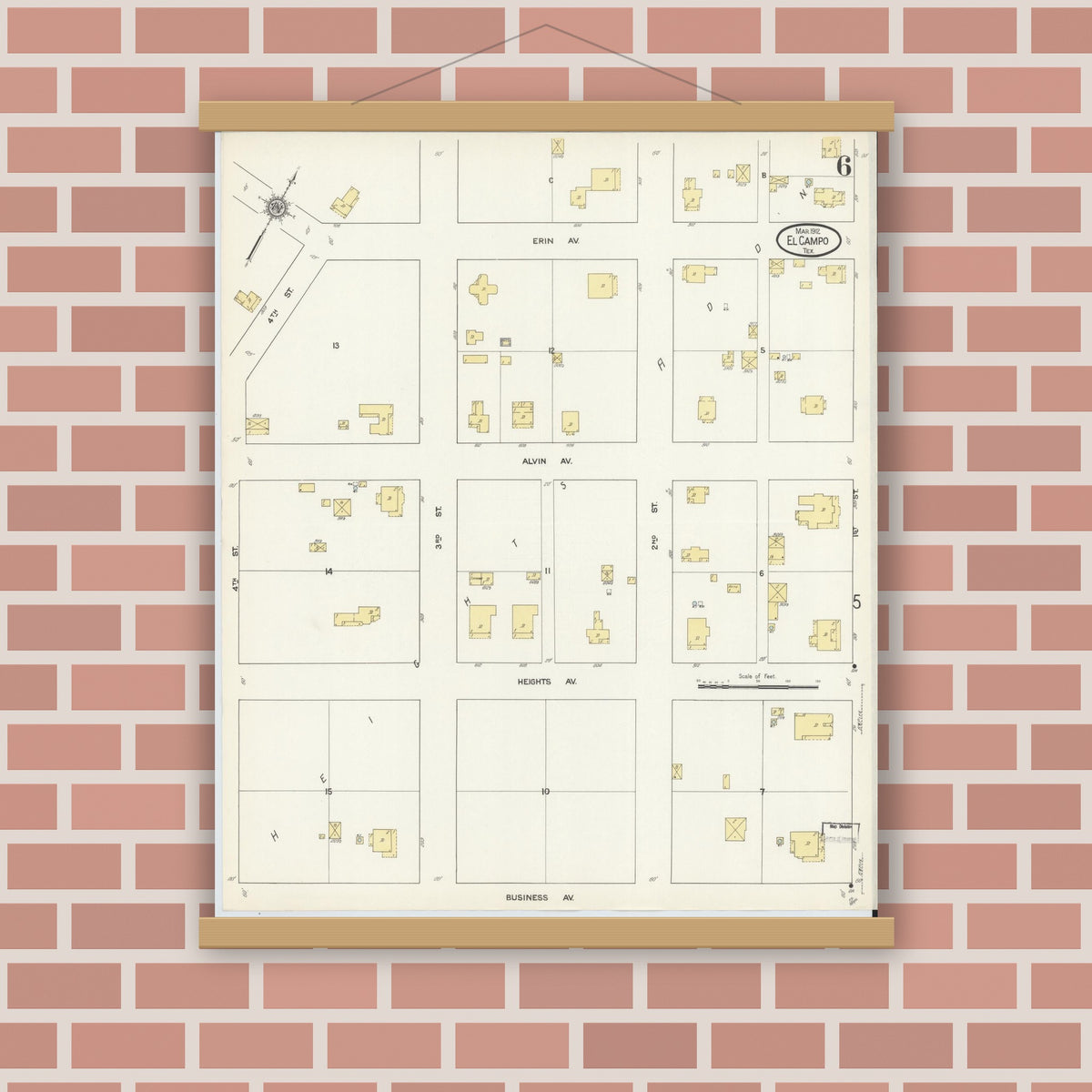 Old map wall art mockup — magnetic wood frame on brick wall — Sanborn Fire Insurance Map from El Campo, Wharton County, Texas (1912), Sheet #0006