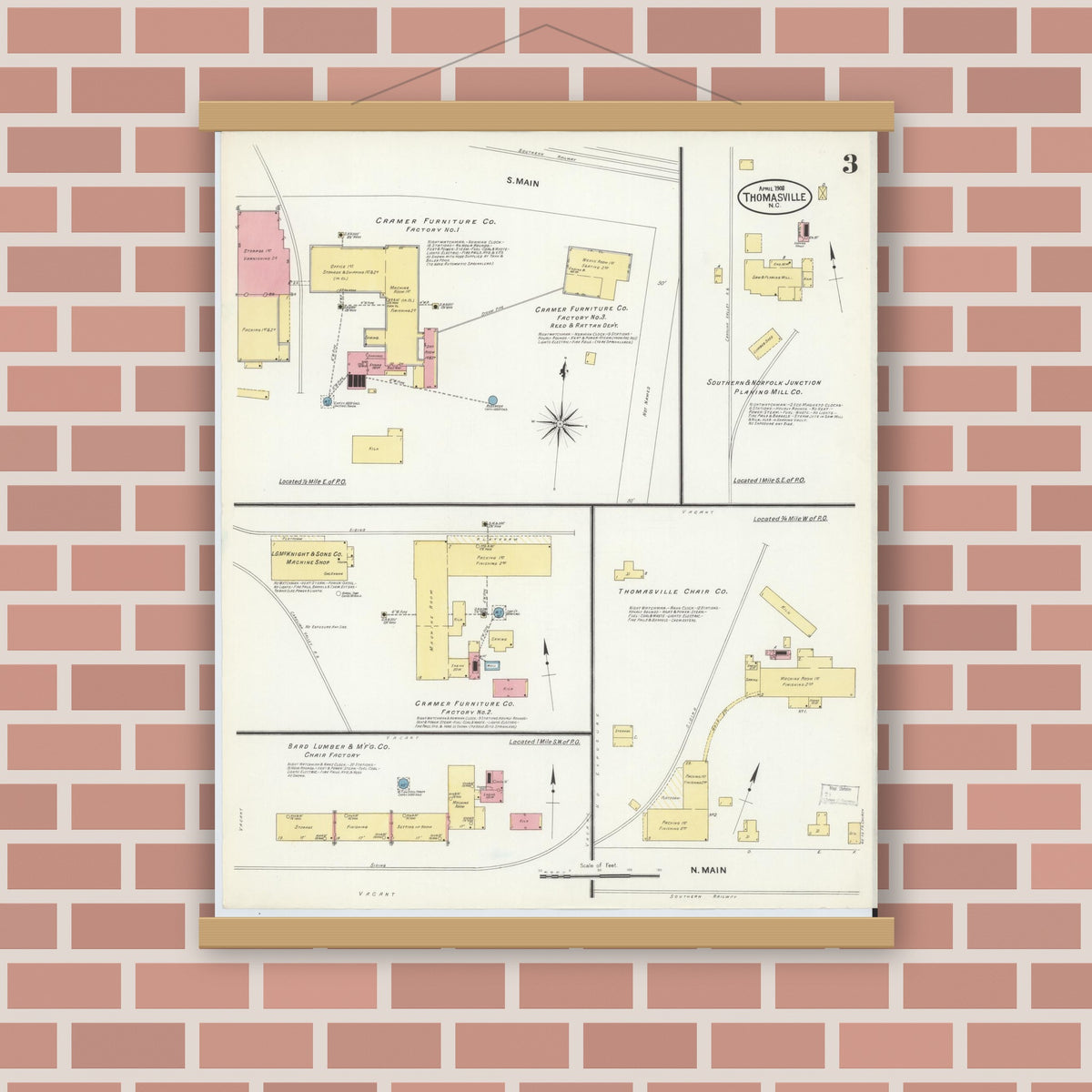 Old map wall art mockup — magnetic wood frame on brick wall — Sanborn Fire Insurance Map from Thomasville, Davidson County, North Carolina (1908), Sheet #0003