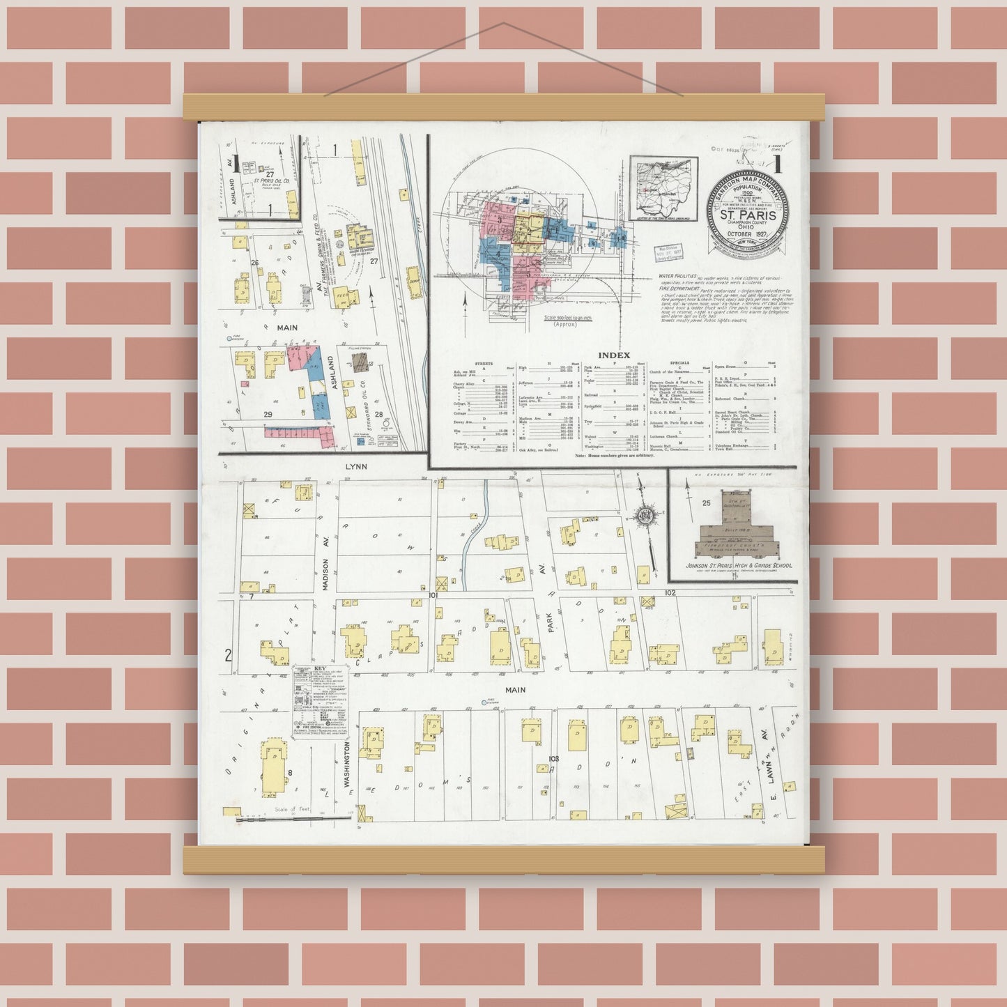 Old map wall art mockup — magnetic wood frame on brick wall — Sanborn Fire Insurance Map from Saint Paris, Champaign County, Ohio (1927), Sheet #0001