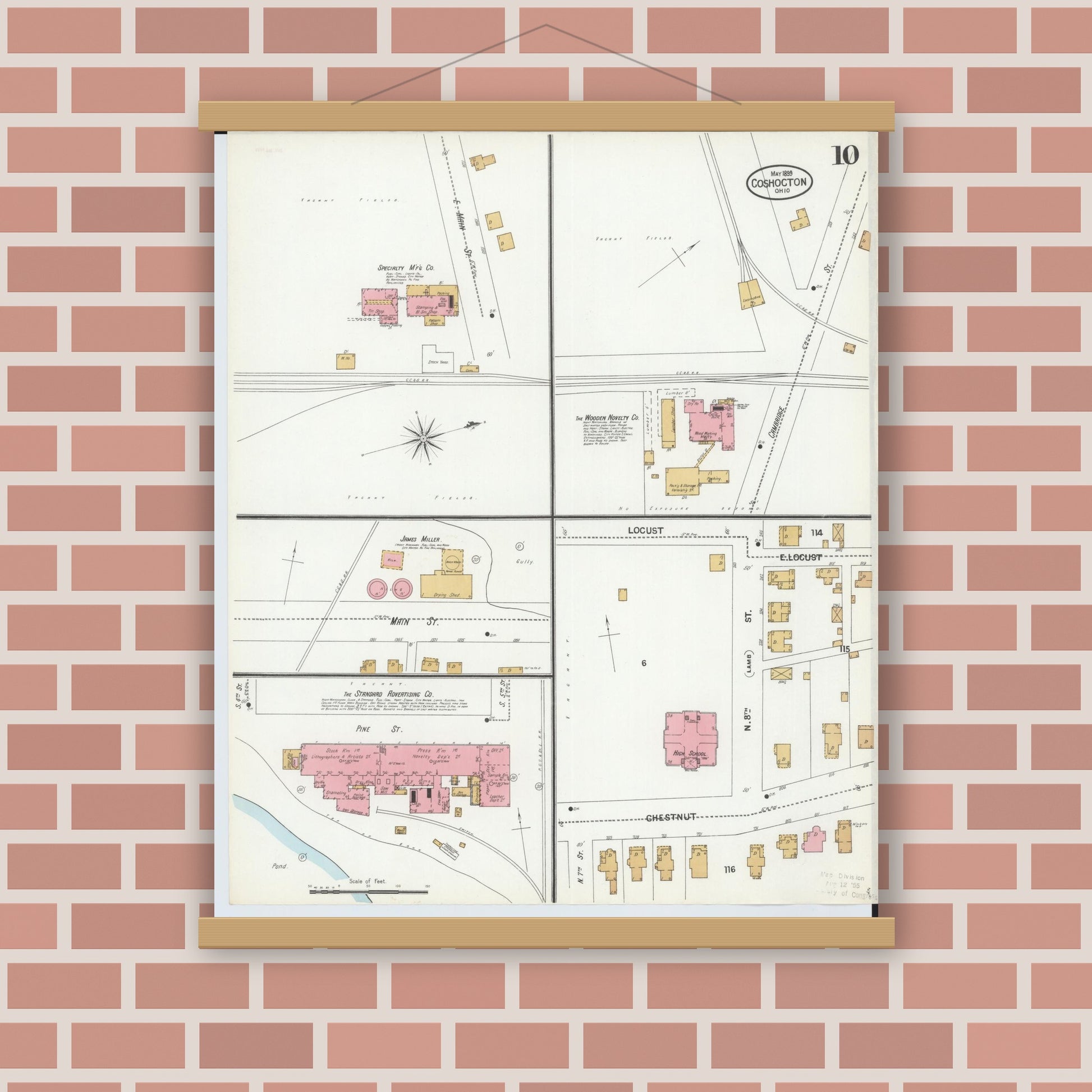 Old map wall art mockup — magnetic wood frame on brick wall — Sanborn Fire Insurance Map from Coshocton, Coshocton County, Ohio (1899), Sheet #0010