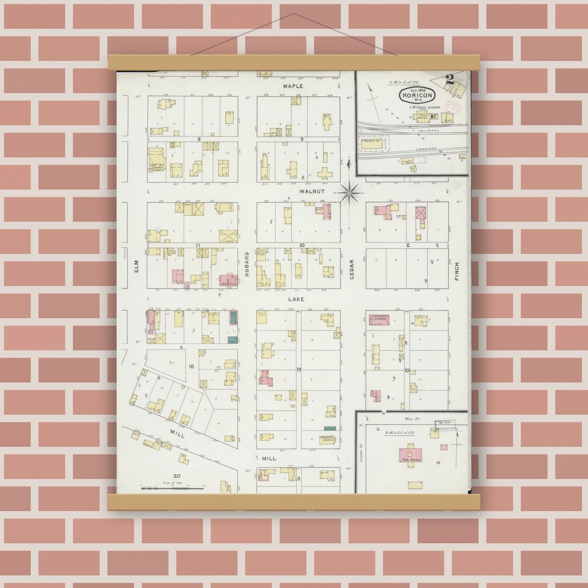 Old map wall art mockup — magnetic wood frame on brick wall — Sanborn Fire Insurance Map from Horicon, Dodge County, Wisconsin (1894), Sheet #0002