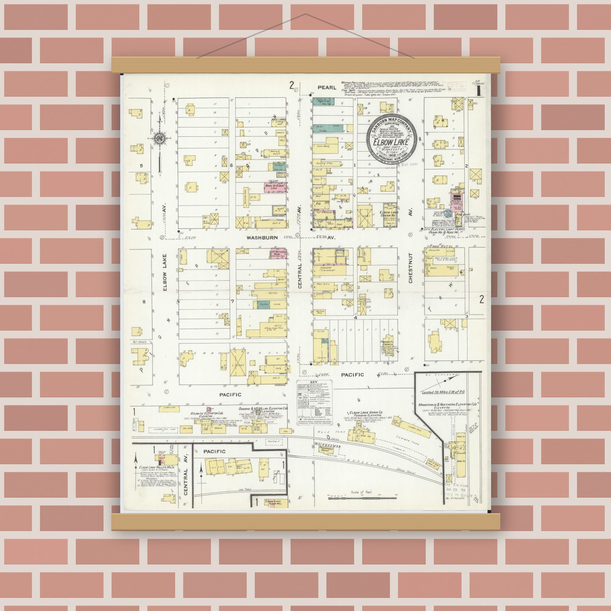 Old map wall art mockup — magnetic wood frame on brick wall — Sanborn Fire Insurance Map from Elbow Lake, Grant County, Minnesota (1909) - Complete Map Set