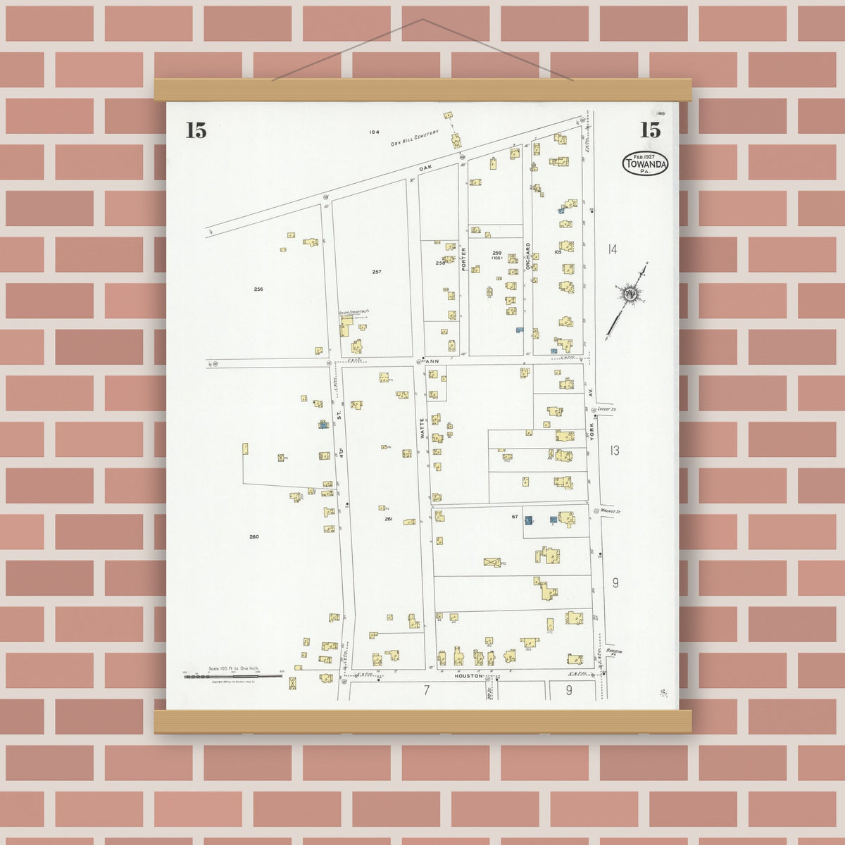 Old map wall art mockup — magnetic wood frame on brick wall — Sanborn Fire Insurance Map from Towanda, Bradford County, Pennsylvania (1927), Sheet #0015