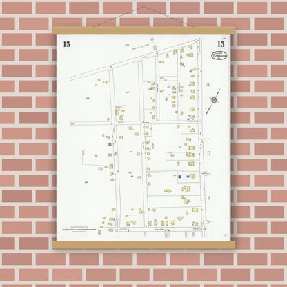 Old map wall art mockup — magnetic wood frame on brick wall — Sanborn Fire Insurance Map from Towanda, Bradford County, Pennsylvania (1927), Sheet #0015