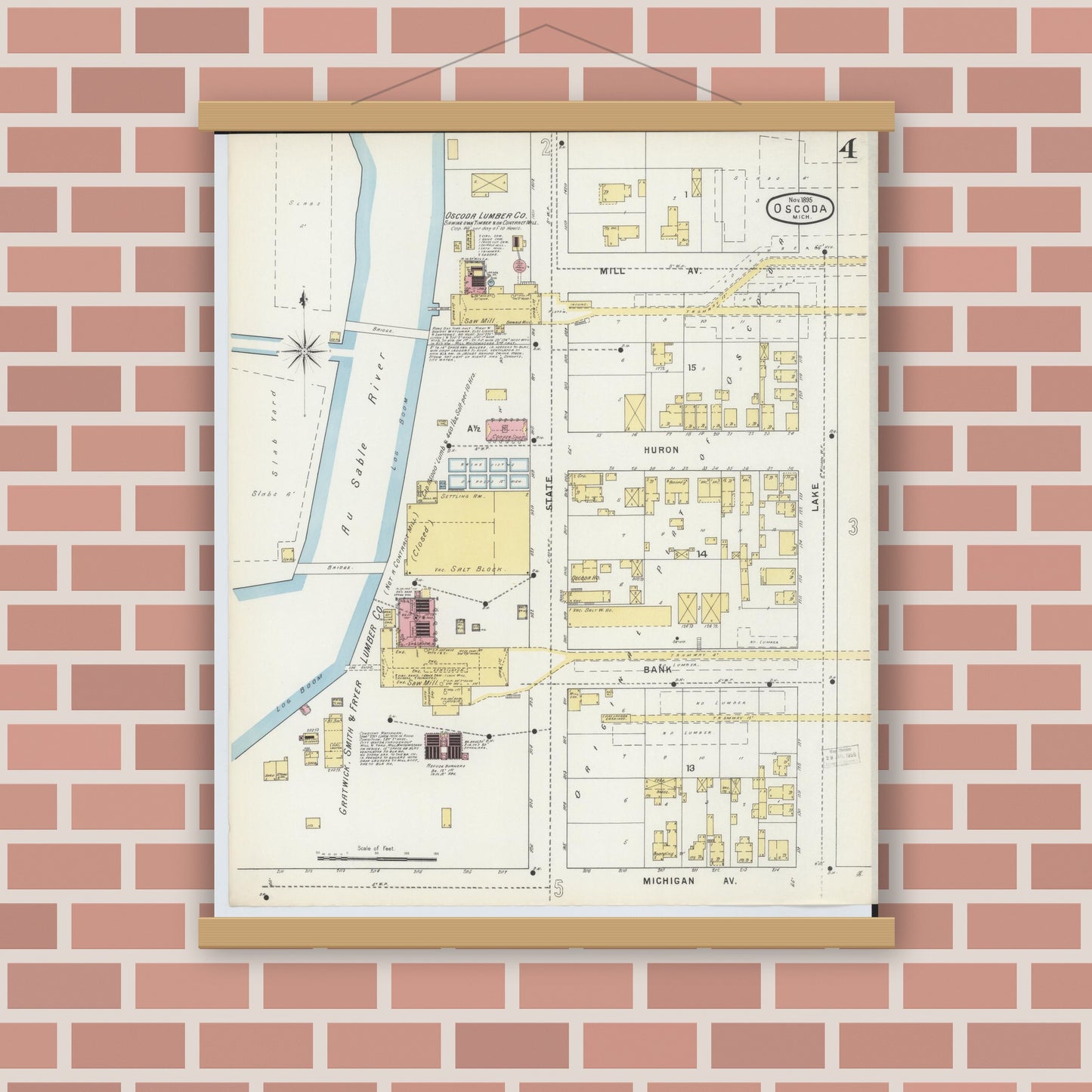 Old map wall art mockup — magnetic wood frame on brick wall — Sanborn Fire Insurance Map from Oscoda, Iosco County, Michigan (1895), Sheet #0004