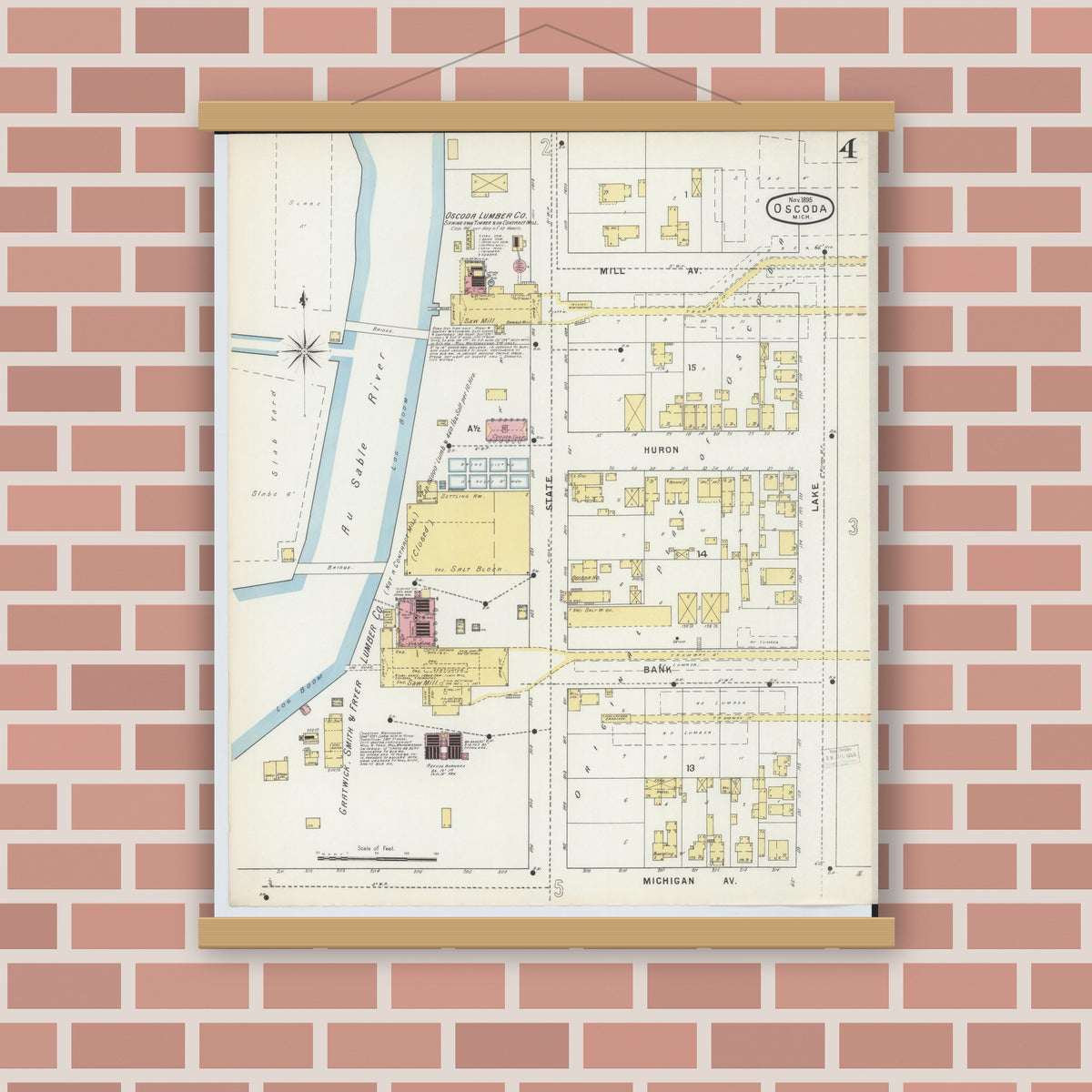 Old map wall art mockup — magnetic wood frame on brick wall — Sanborn Fire Insurance Map from Oscoda, Iosco County, Michigan (1895), Sheet #0004