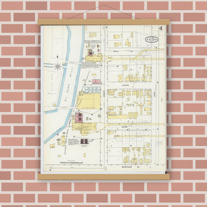 Old map wall art mockup — magnetic wood frame on brick wall — Sanborn Fire Insurance Map from Oscoda, Iosco County, Michigan (1895), Sheet #0004