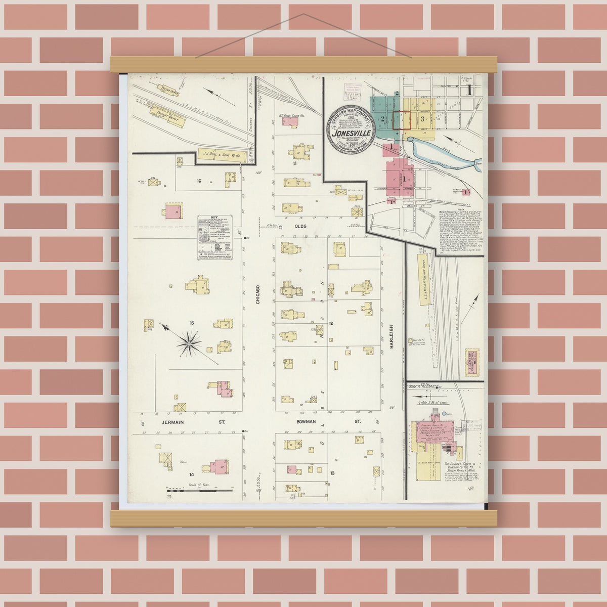 Old map wall art mockup — magnetic wood frame on brick wall — Sanborn Fire Insurance Map from Jonesville, Hillsdale County, Michigan (1907), Sheet #0001