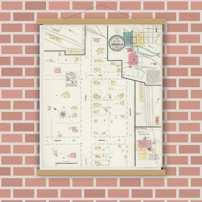 Old map wall art mockup — magnetic wood frame on brick wall — Sanborn Fire Insurance Map from Jonesville, Hillsdale County, Michigan (1907), Sheet #0001
