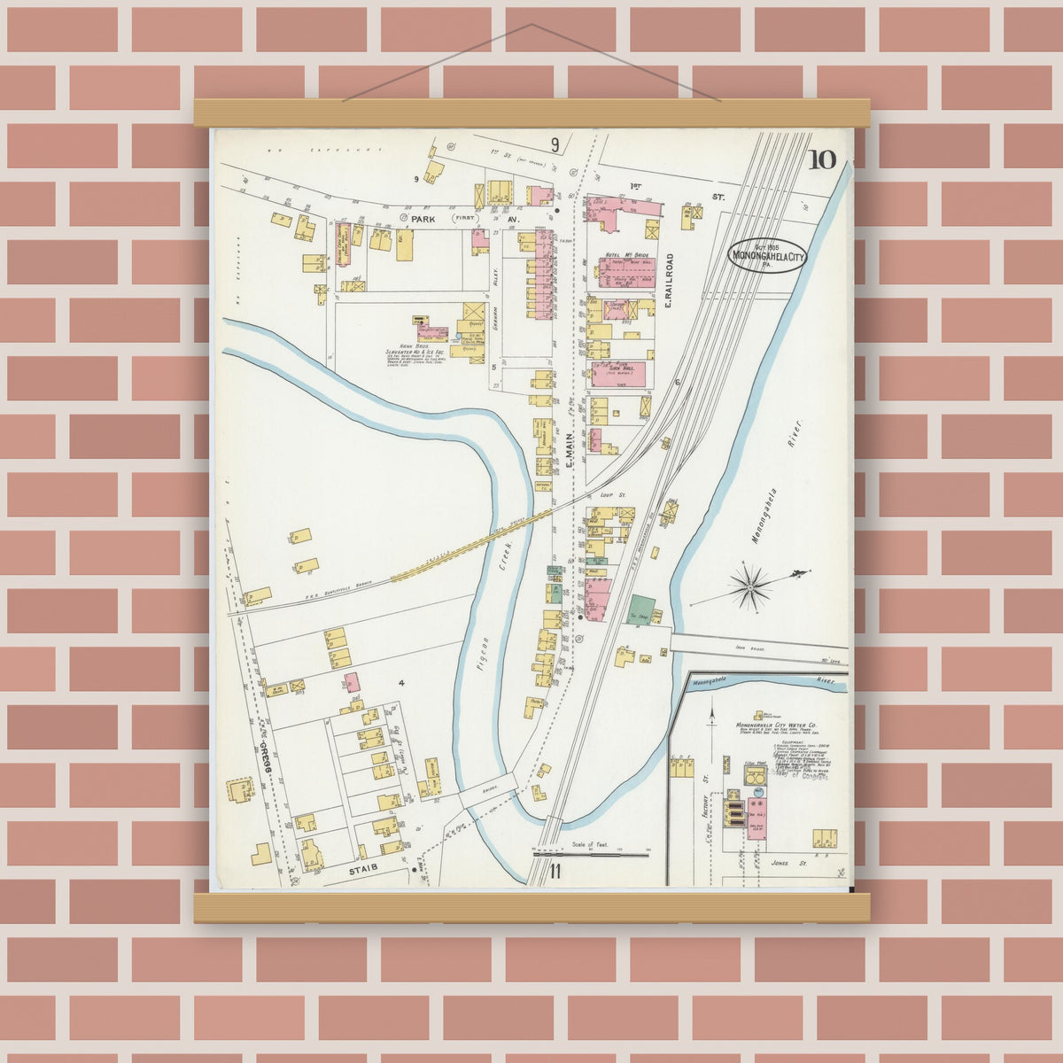 Old map wall art mockup — magnetic wood frame on brick wall — Sanborn Fire Insurance Map from Monongahela City, Washington County, Pennsylvania (1905), Sheet #0010