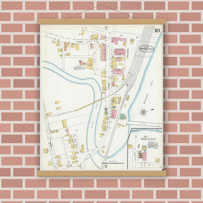 Old map wall art mockup — magnetic wood frame on brick wall — Sanborn Fire Insurance Map from Monongahela City, Washington County, Pennsylvania (1905), Sheet #0010