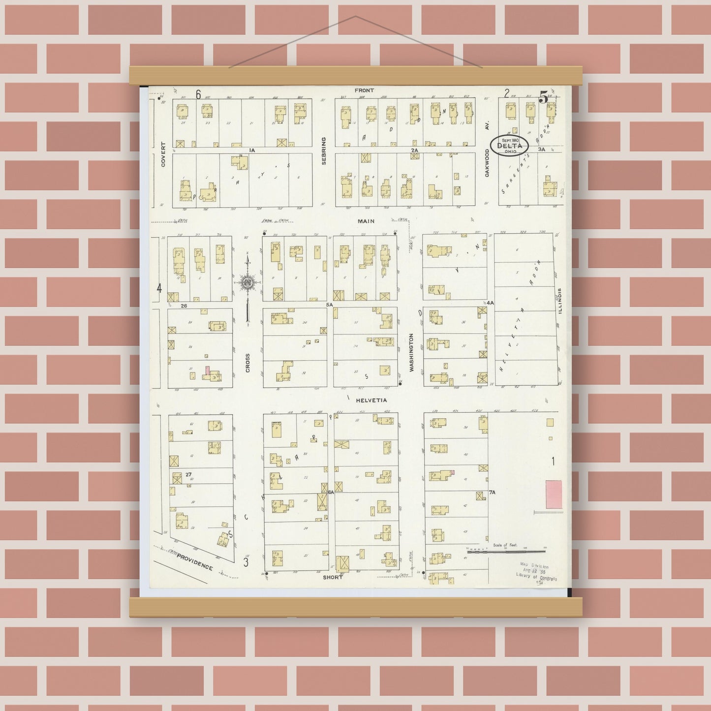 Old map wall art mockup — magnetic wood frame on brick wall — Sanborn Fire Insurance Map from Delta, Fulton County, Ohio (1905), Sheet #0009