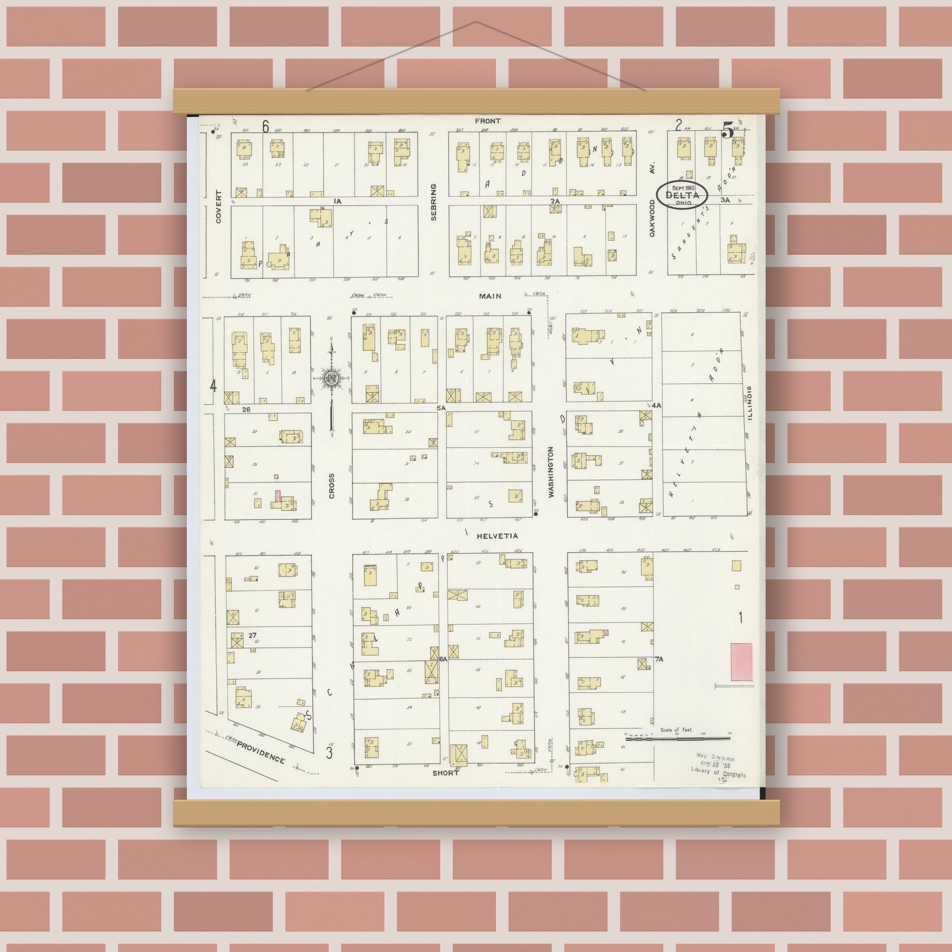 Old map wall art mockup — magnetic wood frame on brick wall — Sanborn Fire Insurance Map from Delta, Fulton County, Ohio (1905), Sheet #0009