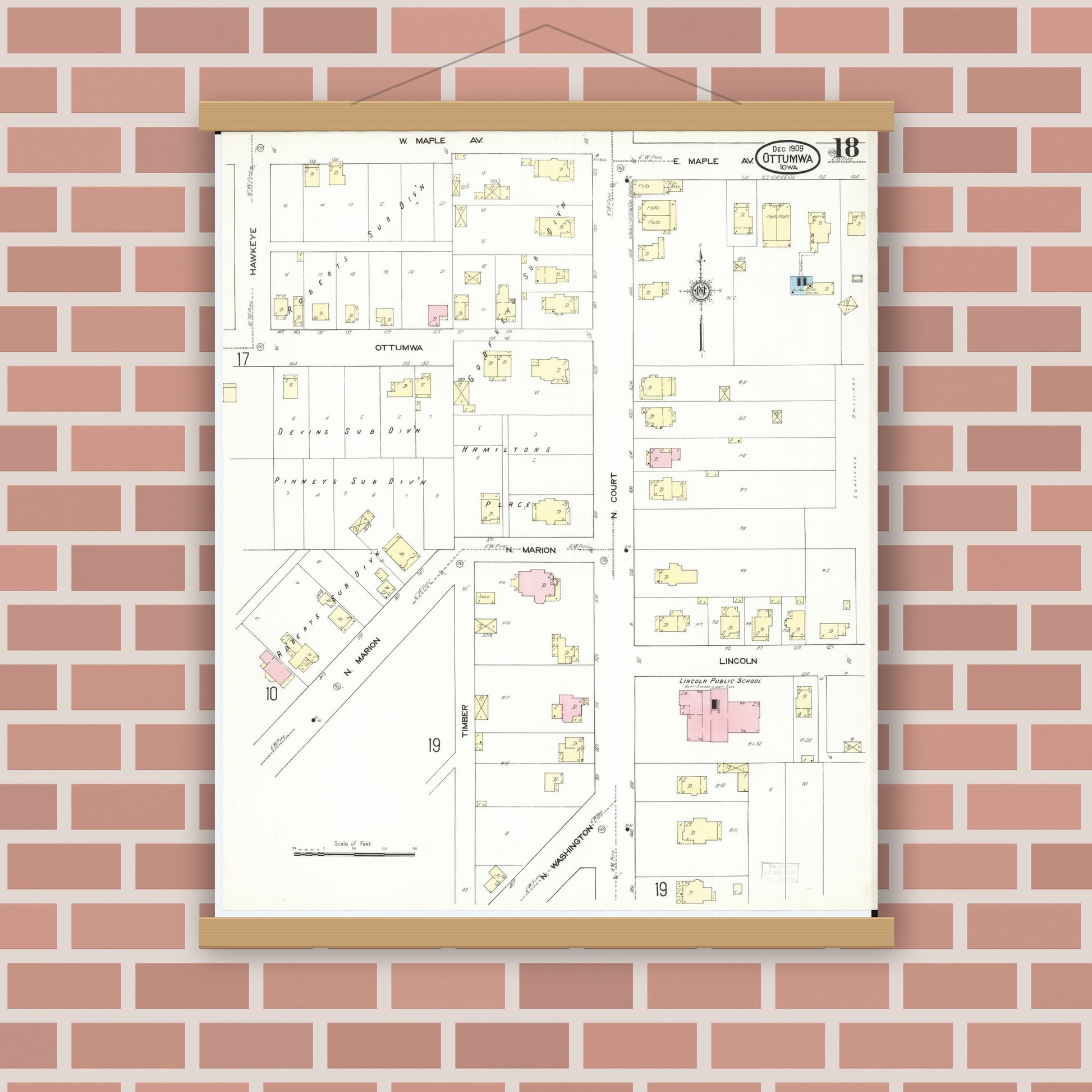 Old map wall art mockup — magnetic wood frame on brick wall — Sanborn Fire Insurance Map from Ottumwa, Wapello County, Iowa (1909), Sheet #0018