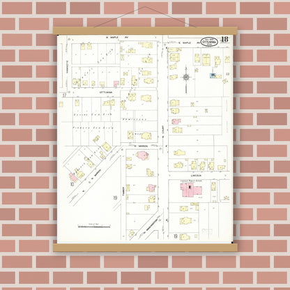 Old map wall art mockup — magnetic wood frame on brick wall — Sanborn Fire Insurance Map from Ottumwa, Wapello County, Iowa (1909), Sheet #0018