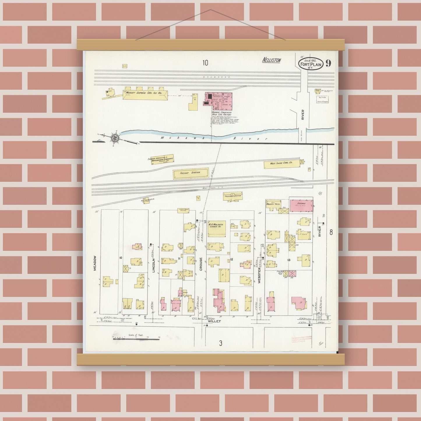 Old map wall art mockup — magnetic wood frame on brick wall — Sanborn Fire Insurance Map from Fort Plain, Montgomery County, New York (1912), Sheet #0009