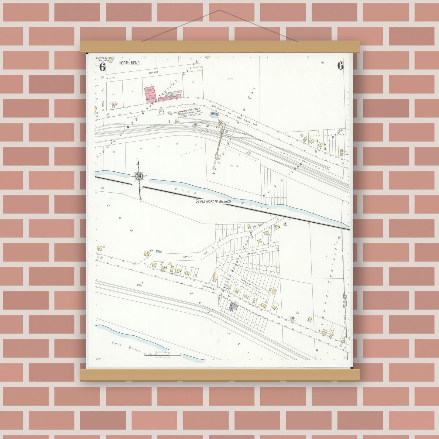 Old map wall art mockup — magnetic wood frame on brick wall — Sanborn Fire Insurance Map from Cleves, Hamilton County, Ohio (1938), Sheet #0006
