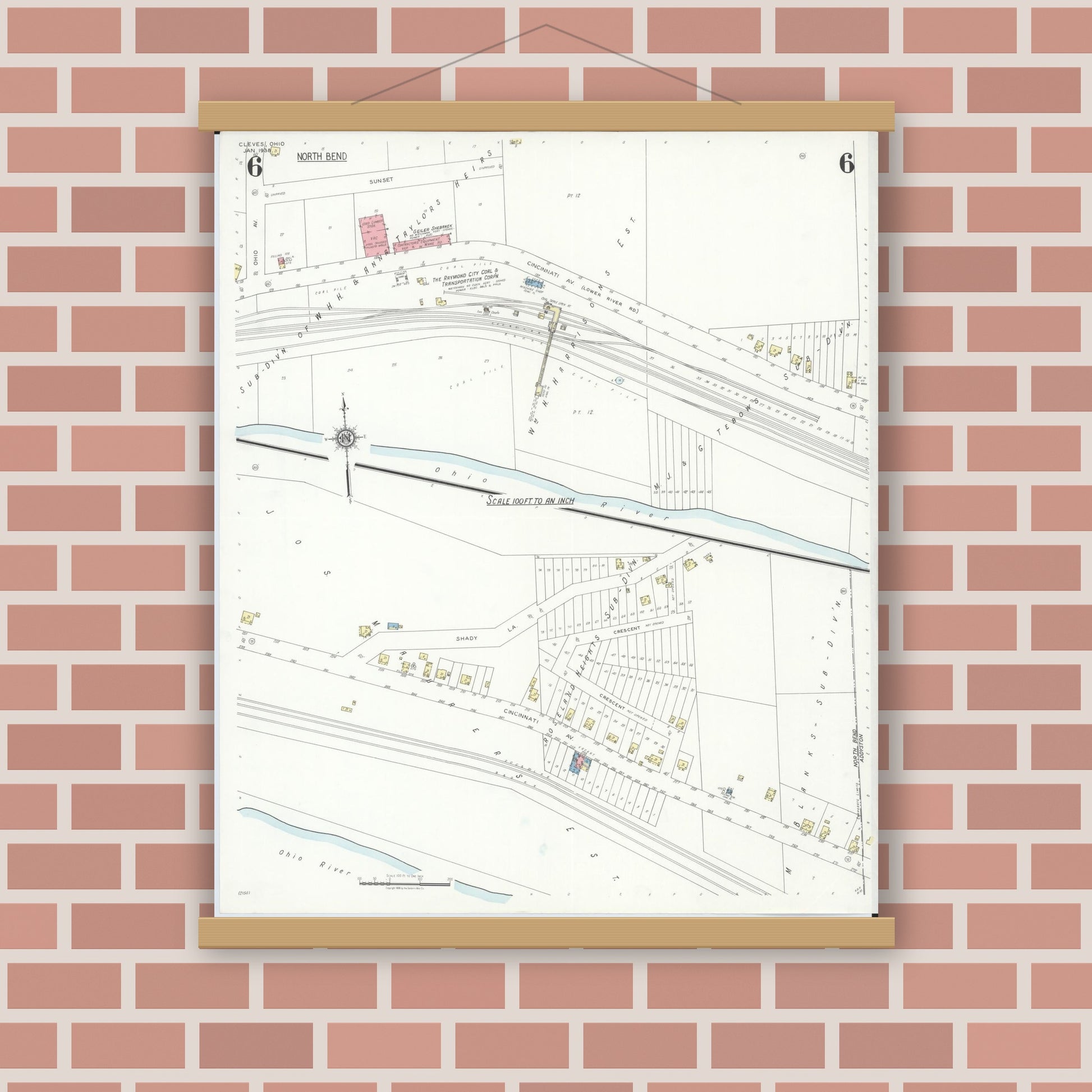 Old map wall art mockup — magnetic wood frame on brick wall — Sanborn Fire Insurance Map from Cleves, Hamilton County, Ohio (1938), Sheet #0006