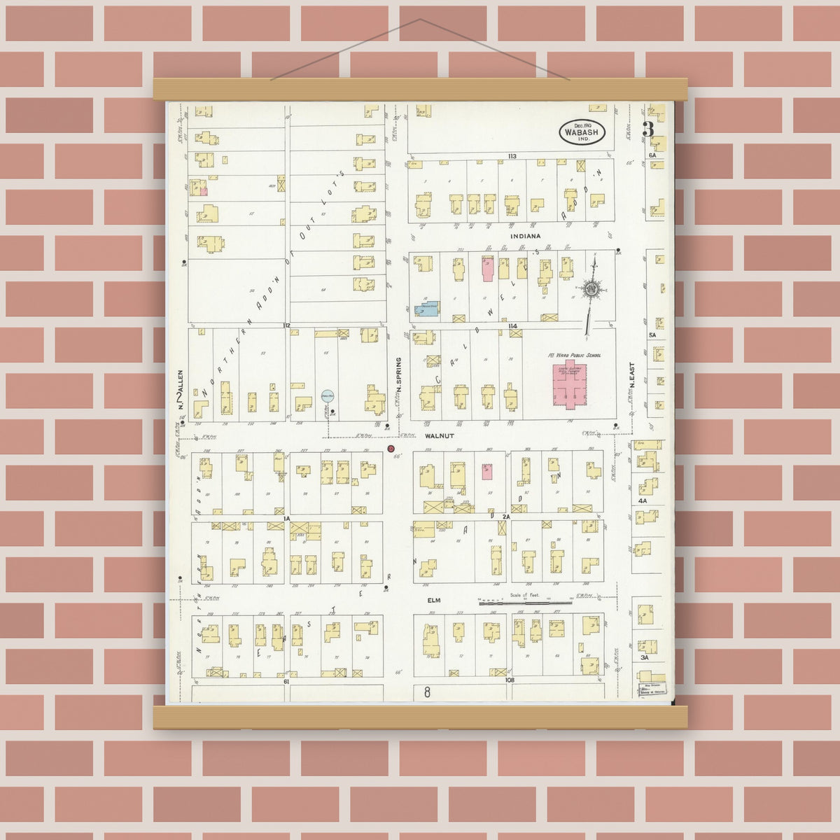 Old map wall art mockup — magnetic wood frame on brick wall — Sanborn Fire Insurance Map from Wabash, Wabash County, Indiana (1910), Sheet #0003