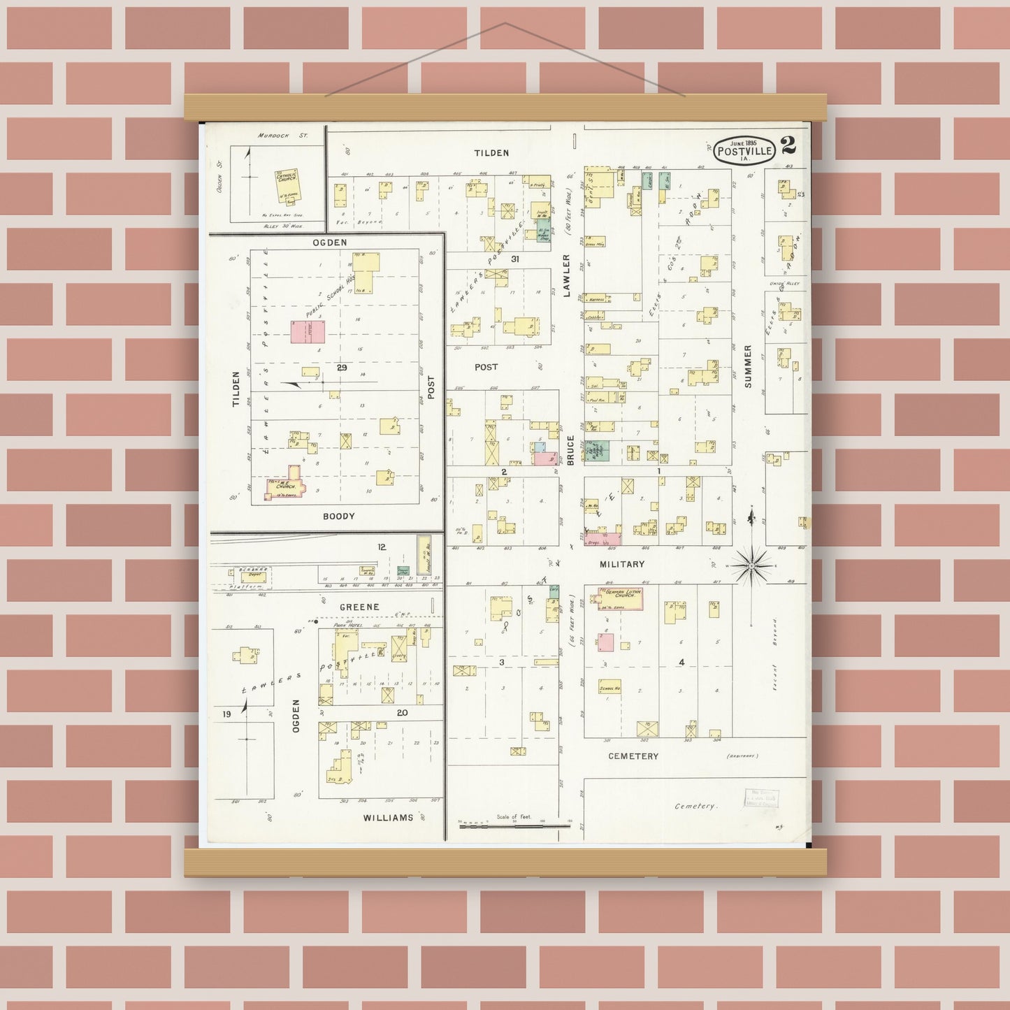 Old map wall art mockup — magnetic wood frame on brick wall — Sanborn Fire Insurance Map from Postville, Allamakee County, Iowa (1895), Sheet #0002
