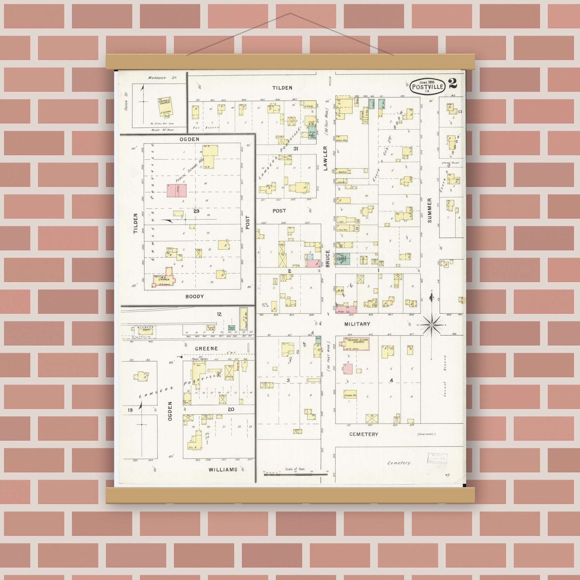 Old map wall art mockup — magnetic wood frame on brick wall — Sanborn Fire Insurance Map from Postville, Allamakee County, Iowa (1895), Sheet #0002