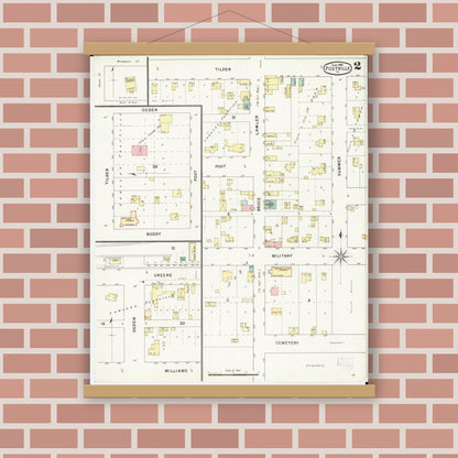 Old map wall art mockup — magnetic wood frame on brick wall — Sanborn Fire Insurance Map from Postville, Allamakee County, Iowa (1895), Sheet #0002