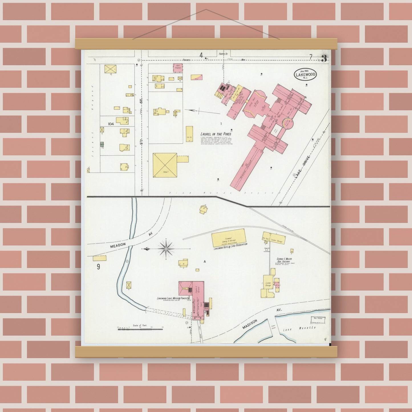 Old map wall art mockup — magnetic wood frame on brick wall — Sanborn Fire Insurance Map from Lakewood, Ocean County, New Jersey (1901), Sheet #0003