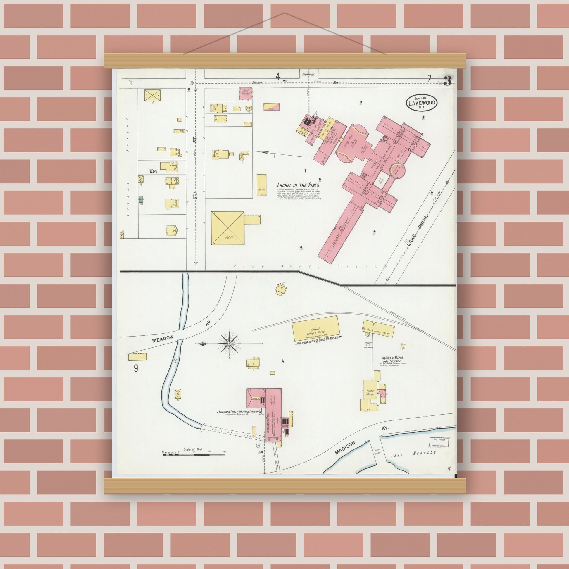 Old map wall art mockup — magnetic wood frame on brick wall — Sanborn Fire Insurance Map from Lakewood, Ocean County, New Jersey (1901), Sheet #0003
