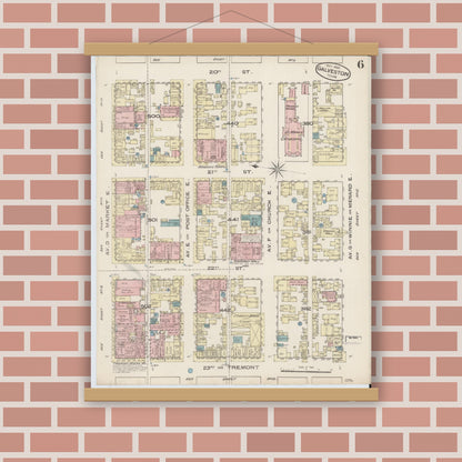 Old map wall art mockup — magnetic wood frame on brick wall — Sanborn Fire Insurance Map from Galveston, Galveston County, Texas (1885), Sheet #0006