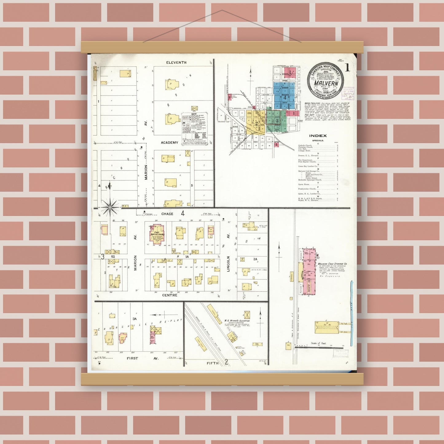 Old map wall art mockup — magnetic wood frame on brick wall — Sanborn Fire Insurance Map from Malvern, Mills County, Iowa (1908), Sheet #0001