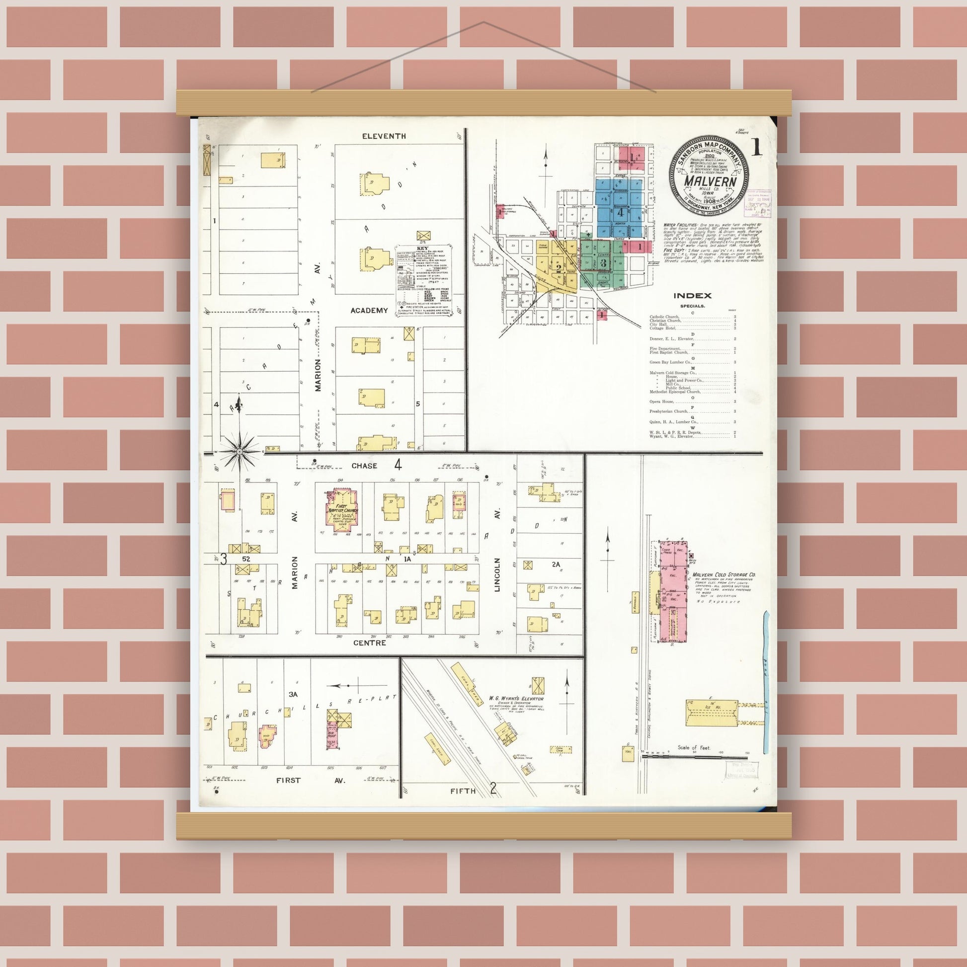 Old map wall art mockup — magnetic wood frame on brick wall — Sanborn Fire Insurance Map from Malvern, Mills County, Iowa (1908), Sheet #0001