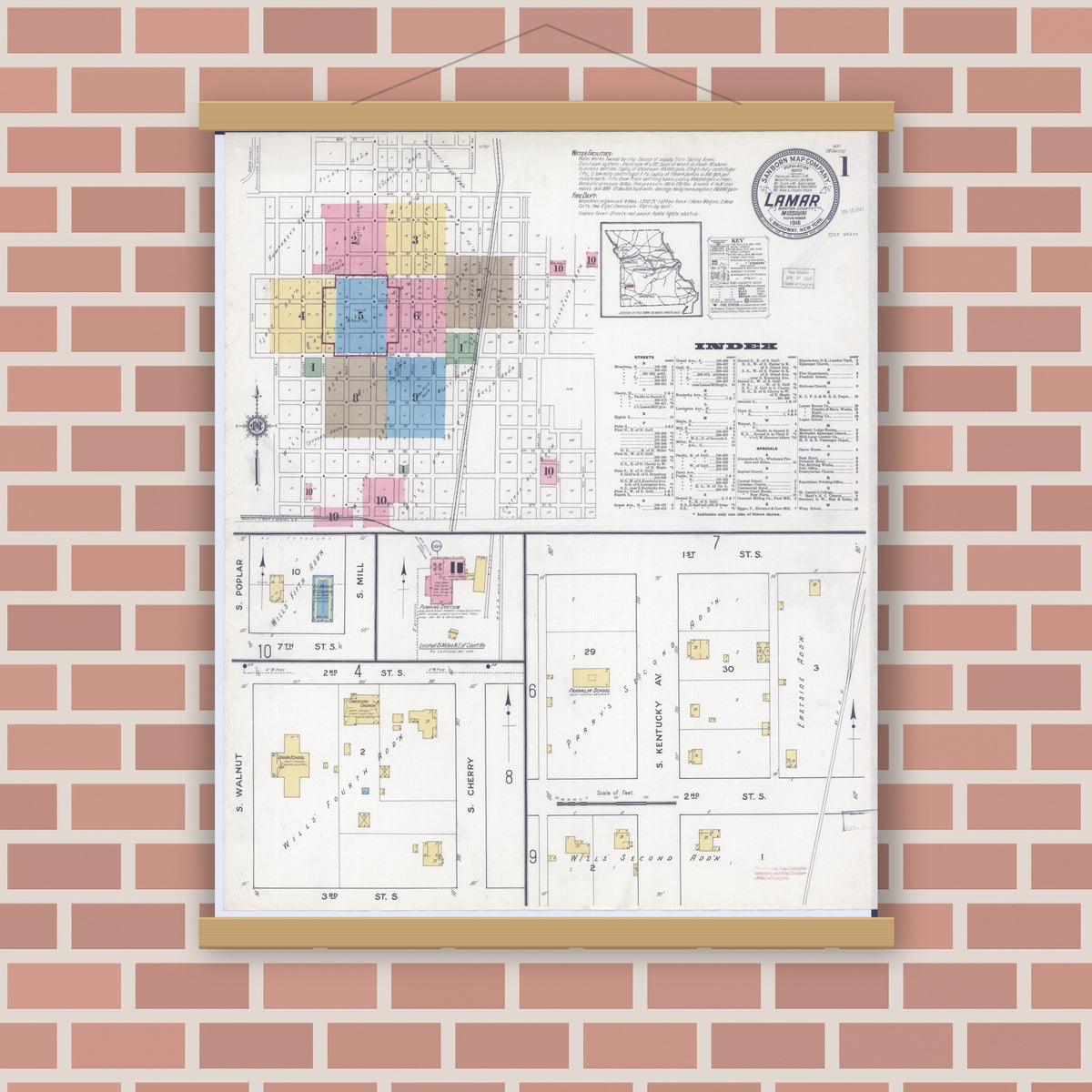 Old map wall art mockup — magnetic wood frame on brick wall — Sanborn Fire Insurance Map from Lamar, Barton County, Missouri (1916), Sheet #0001