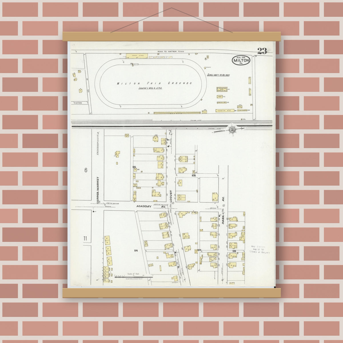 Old map wall art mockup — magnetic wood frame on brick wall — Sanborn Fire Insurance Map from Milton, Northumberland County, Pennsylvania (1918), Sheet #0023