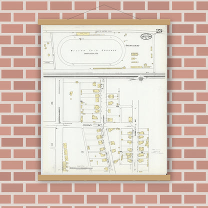 Old map wall art mockup — magnetic wood frame on brick wall — Sanborn Fire Insurance Map from Milton, Northumberland County, Pennsylvania (1918), Sheet #0023